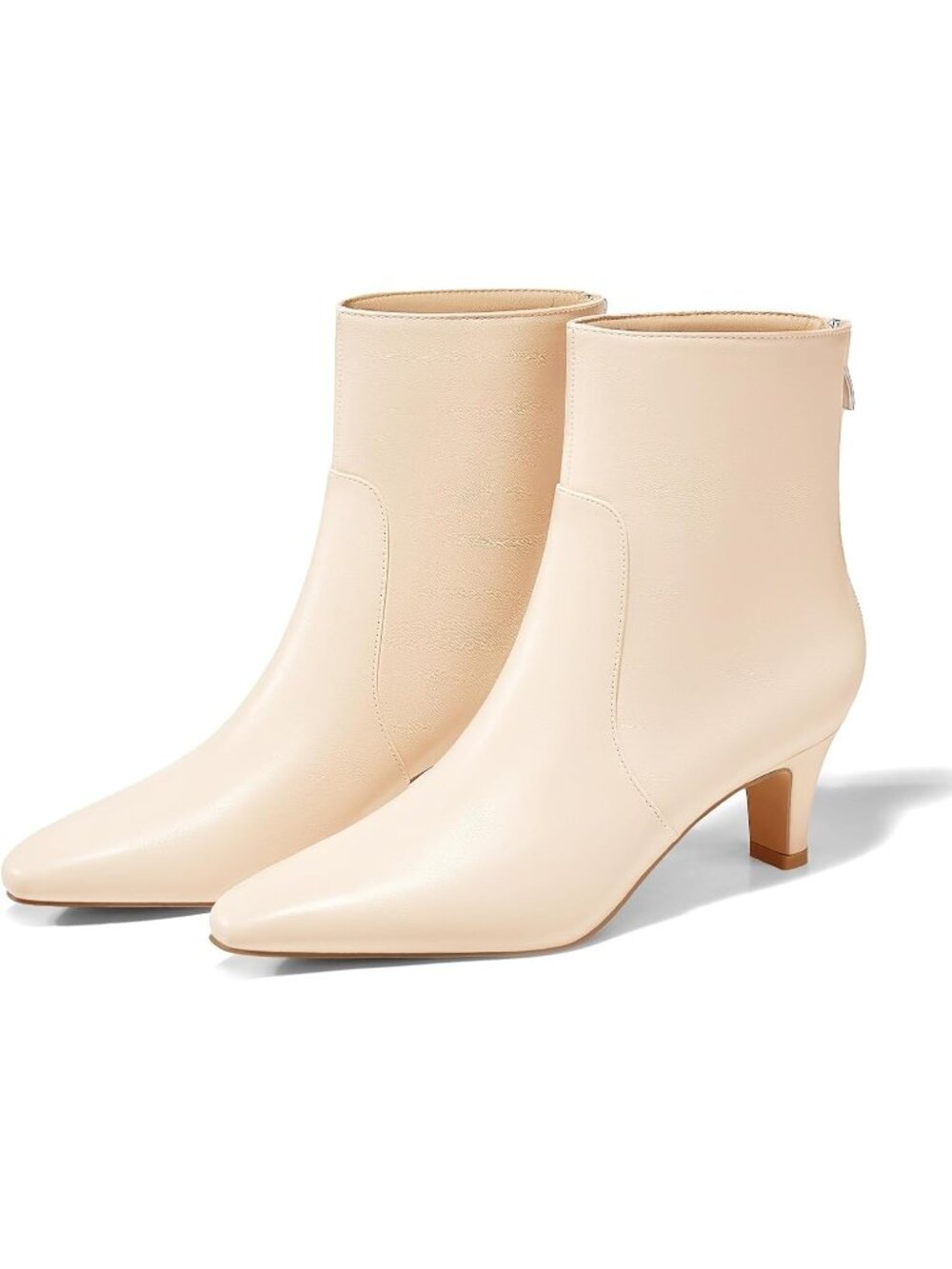 Women's Beige Square Pointed Toe Zipper Low Kitten Heel Short Ankle Booties
